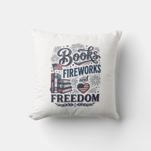 Cojín Decorativo Camiseta Lector Patriótico Libros Fuegos Artificia