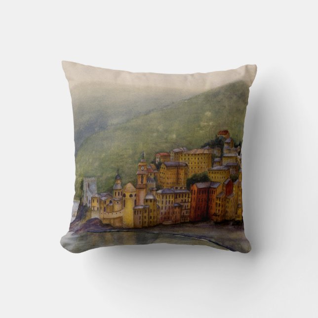 Cojín Decorativo Camogli, pintura acuarela italiana, Pillow (Anverso)