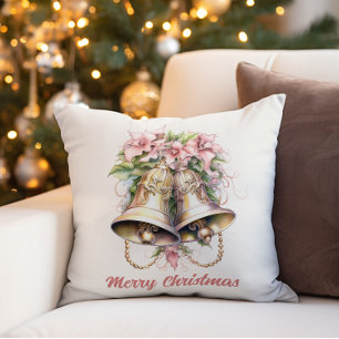 Cojín Decorativo Campanas de Navidad doradas con flores rosas