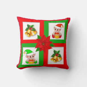 Cojín Decorativo Campanas de Navidad, poinsettia, duende en verde y
