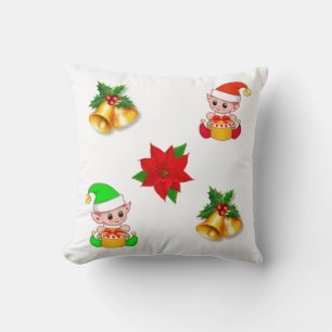 Cojín Decorativo Campanas de Navidad, poinsettia y adorno de elfo l