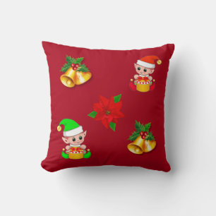 Cojín Decorativo Campanas de Navidad, poinsettia y elfo lindo en ro