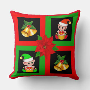 Cojín Decorativo Campanas de Navidad y elfo en negro, verde y rojo