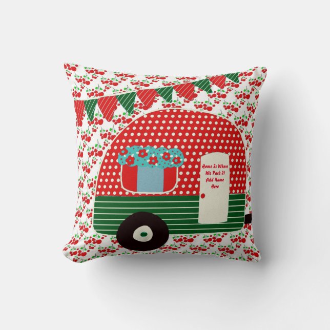 Cojín Decorativo Camper Caravan dice Personalizado Verde Rojo Retro (Anverso)