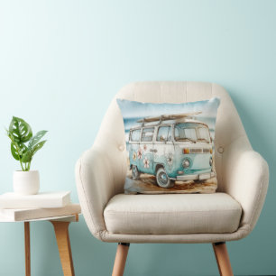 Cojín Decorativo Campervan Watercolor Retro Con Surfboard