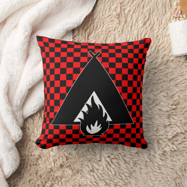 Cojín Decorativo Campfire and Tent on Red and Black Checkerboard (Manta)