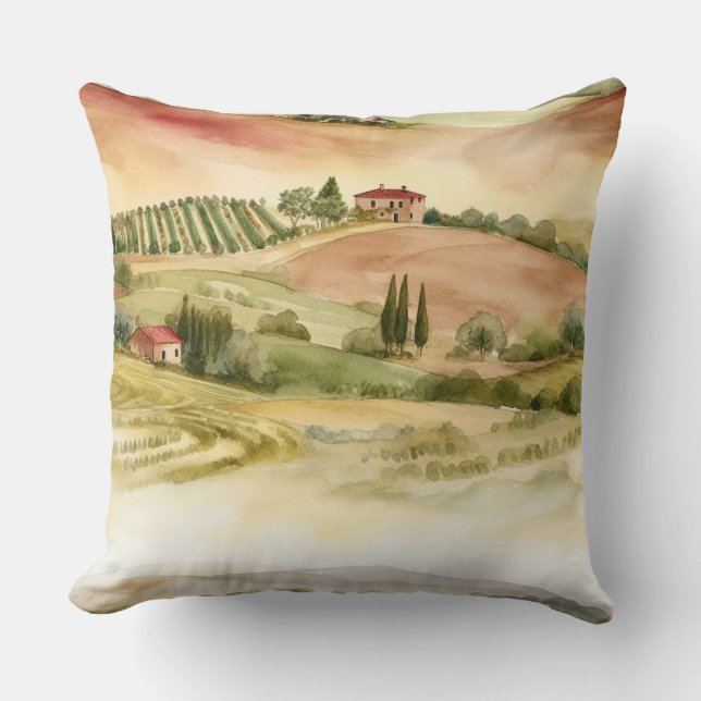 Cojín Decorativo Campiña Italiana Escénica Italia Acuarela (Anverso)
