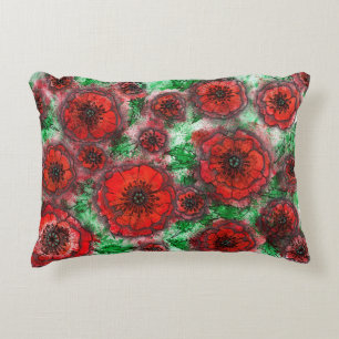 Cojín Decorativo Campo de Amapolas Rojas Acuarela Arte Botánico Lín