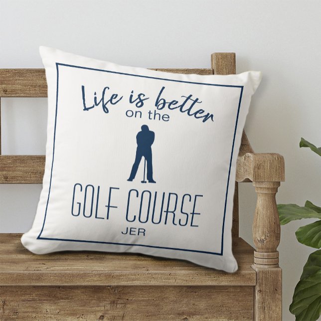 Cojín Decorativo Campo de Golf Golfista Cotización Monograma Blanco (Golfer Golf Course Quote Monogrammed White Blue Throw Pillow)