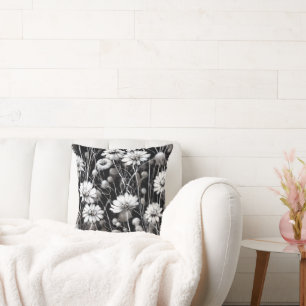 Cojín Decorativo Campo negro, gris y blanco de flores silvestres