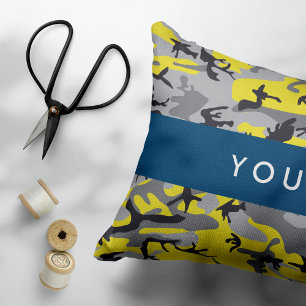 Cojín Decorativo Camuflaje Amarillo y Gris Personaliza tu nombre