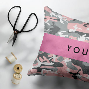 Cojín Decorativo Camuflaje rosa y gris Personaliza tu nombre