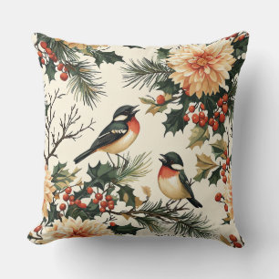 Cojín Decorativo Canción Rústica de Pájaro Invernal Crema Rojo Botá