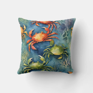 Cojín Decorativo Cangrejos y Coral Marino Costero en Acuarela Color