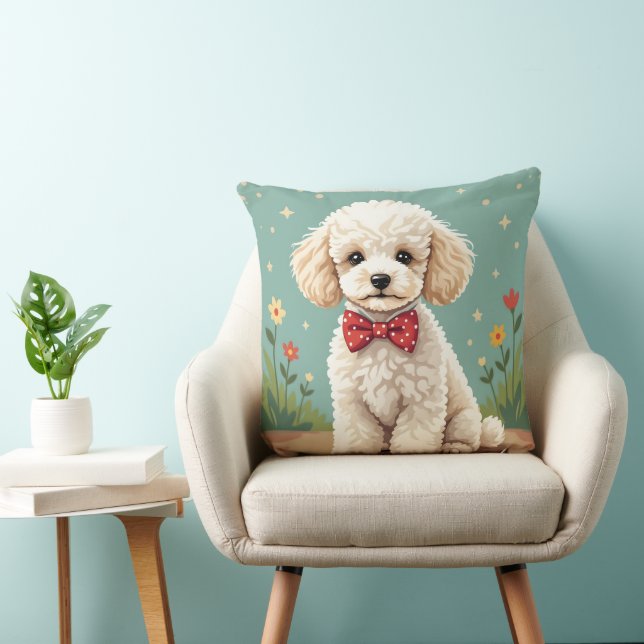 Cojín Decorativo Caniche blanco adorable con corbata de lazo (Silla)