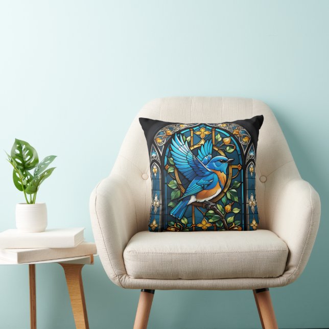 Cojín Decorativo Canto Bluebird: Serenade de Vidrio Manchado (Silla)