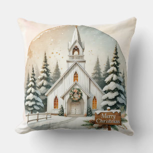 Cojín Decorativo Capilla blanca del campo Escena de Navidades noc