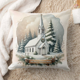 Cojín Decorativo Capilla de nieve de noche | Escena Navidad brillan