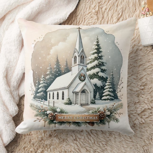 Cojín Decorativo Capilla de nieve de noche | Escena Navidad brillan (Manta)