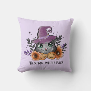 Cojín Decorativo Cara de bruja en reposo - Gato con Gorra de bruja
