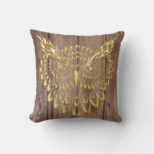 Cojín Decorativo Cara de búho de oro en tablones de madera