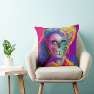 COJÍN DECORATIVO CARA DE CALAVERA COLORIDA MODERNA ESTILO HALLOWEEN