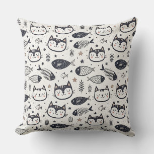 Cojín Decorativo Cara de Gato Adorable y Patrón de Espinas de Pesca