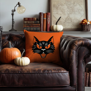 Cojín Decorativo Cara de Gato Negro Espeluznante Halloween Naranja