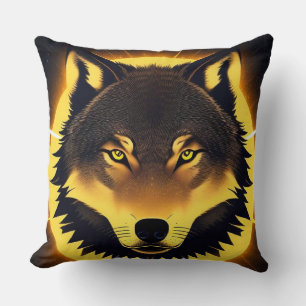 Cojín Decorativo Cara de Lobo Radiante Iluminada por Luz Dorada