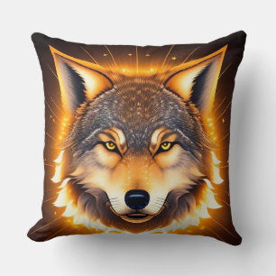 Cojín Decorativo Cara de Lobo Radiante Iluminada por Luz Dorada