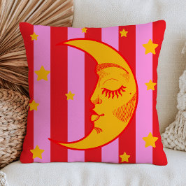 Cojín Decorativo Cara de Luna Creciente BOHO Rojo y Rosa Rayado