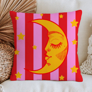 Cojín Decorativo Cara de Luna Creciente BOHO Rojo y Rosa Rayado
