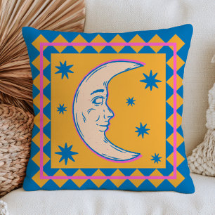 Cojín Decorativo Cara de Luna Creciente Retro Colorida Celestial