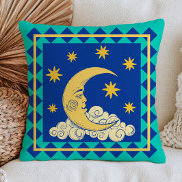 Cojín Decorativo Cara de Luna Creciente Retro Mística Celeste Azul 