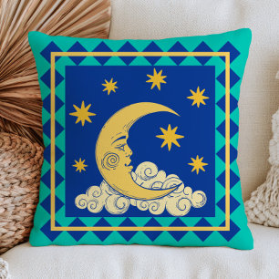 Cojín Decorativo Cara de Luna Creciente Retro Mística Celeste Azul 