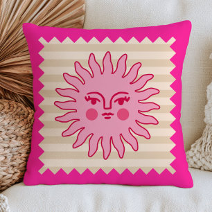 Cojín Decorativo Cara de Sol Bohemio en Rayas Beige Rosa Fucsia