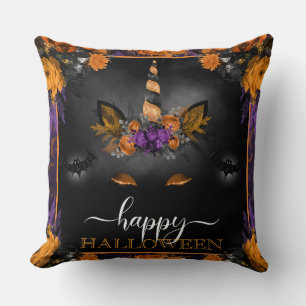 Cojín Decorativo Cara de Unicornio Floral de Otoño Feliz Halloween
