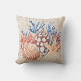 Cojín Decorativo Caracoles de mar beige azul estrella de mar coral 