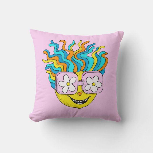 Cojín Decorativo Carácter sonriente divertido con anteojos rosados  (Anverso)
