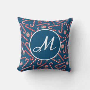 Cojín Decorativo Caramelo de Navidad con Monograma Azul de Menta