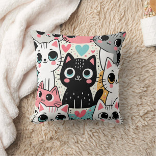 Cojín Decorativo Caras de gato kawaii lindas y corazones caprichoso