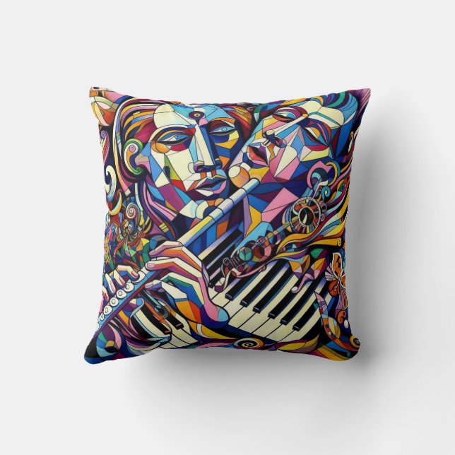 Cojín Decorativo Caras y Instrumentos Abstractos (Reverso)