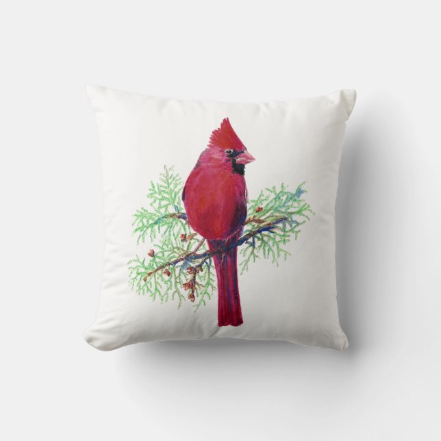 Cojín Decorativo Cardenal acuarela, pájaro rojo (Anverso)