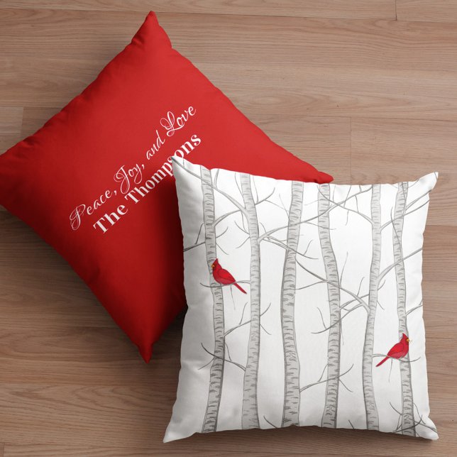 Cojín Decorativo Cardenal Botánico Rojo de Invierno Botánico (Red cardinal and birch tree custom winter throw pillow)