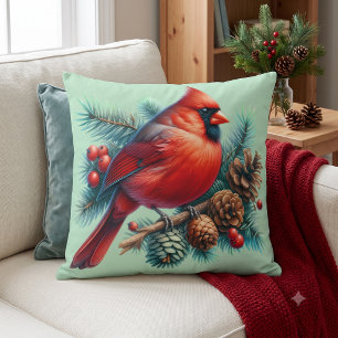 Cojín Decorativo Cardenal en rama de pino con bayas de invierno