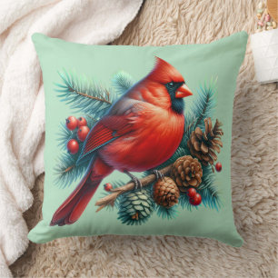 Cojín Decorativo Cardenal en rama de pino con bayas de invierno