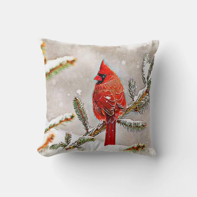 Cojín Decorativo Cardenal en un árbol de pino (Anverso)