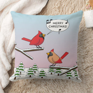 Cojín Decorativo Cardenal rojo curado canta Feliz Navidad