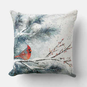 Cojín Decorativo Cardenal Rojo en Rama de Pino Nevada