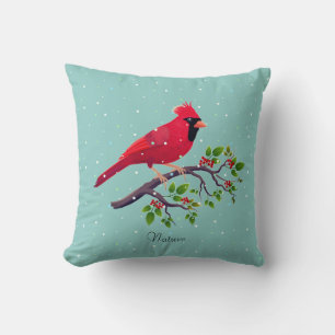 Cojín Decorativo Cardenal Rojo Pájaro sobre Verde Azul